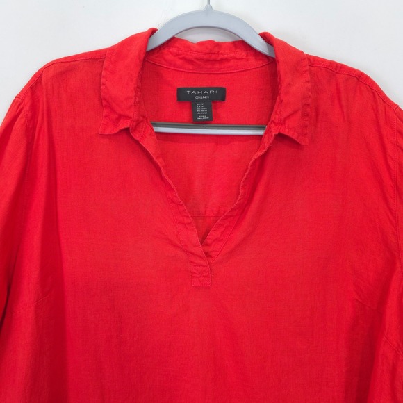 Tahari Linen Tunic Top Shirt Red 3/4 Sleeve Collared Button Side Women 2X - Picture 7 of 8